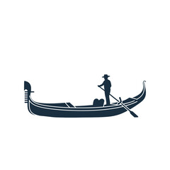 Silhouette of a person in a gondola boat with an oar.