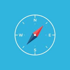 Compass illustration with red and blue needle on a blue background.