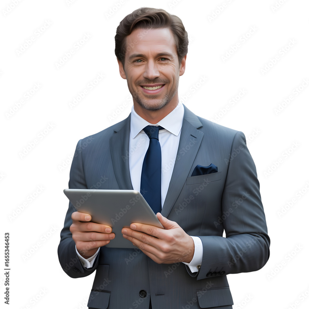 Poster handsome businessman in suit holding tablet smiling professional man using technology device concept