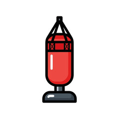 Red punching bag illustration with black outline and stand against white background.