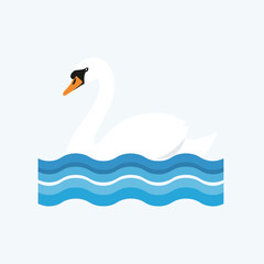 Fototapeta premium White swan swimming in blue water stylized flat vector illustration.
