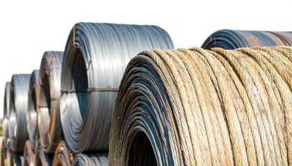 Close-up view of stacked metal coils and wire rope in a warehouse or industrial setting, showcasing the different textures and materials.