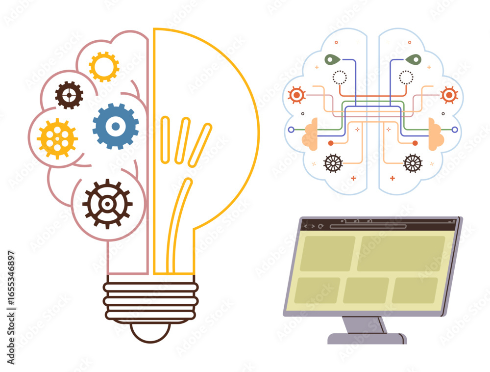 Poster light bulb with gears, brain connected by circuits, computer monitor displaying web layout. ideal fo