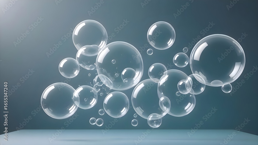 Aufkleber lot of bubbles floating delicately in the air above a table surface, reflecting light, creating soft