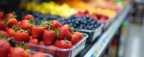 Fresh strawberries, blueberries, berries displayed in clear plastic containers on supermarket shelf. Vibrant, colourful fruit offers healthy food background. Perfect for promoting grocery shopping,