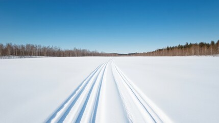 Fototapeta premium Cross country ski tracks are crossing a wide snowy field towards a forest of leafless trees under a clear blue sky