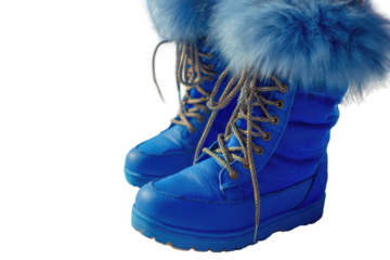 Pair of bright blue winter boots with faux fur cuffs