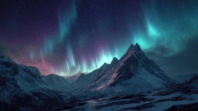 Northern Lights over Snowy Mountain: Witness the ethereal beauty of the aurora borealis dancing across a starlit sky, illuminating a majestic, snow-capped mountain range.