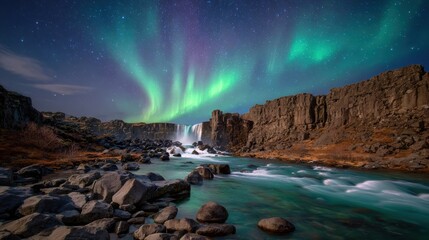 Celestial Symphony: Witness the awe-inspiring dance of the Aurora Borealis above a cascading waterfall, set against a backdrop of rugged cliffs and a flowing river.
