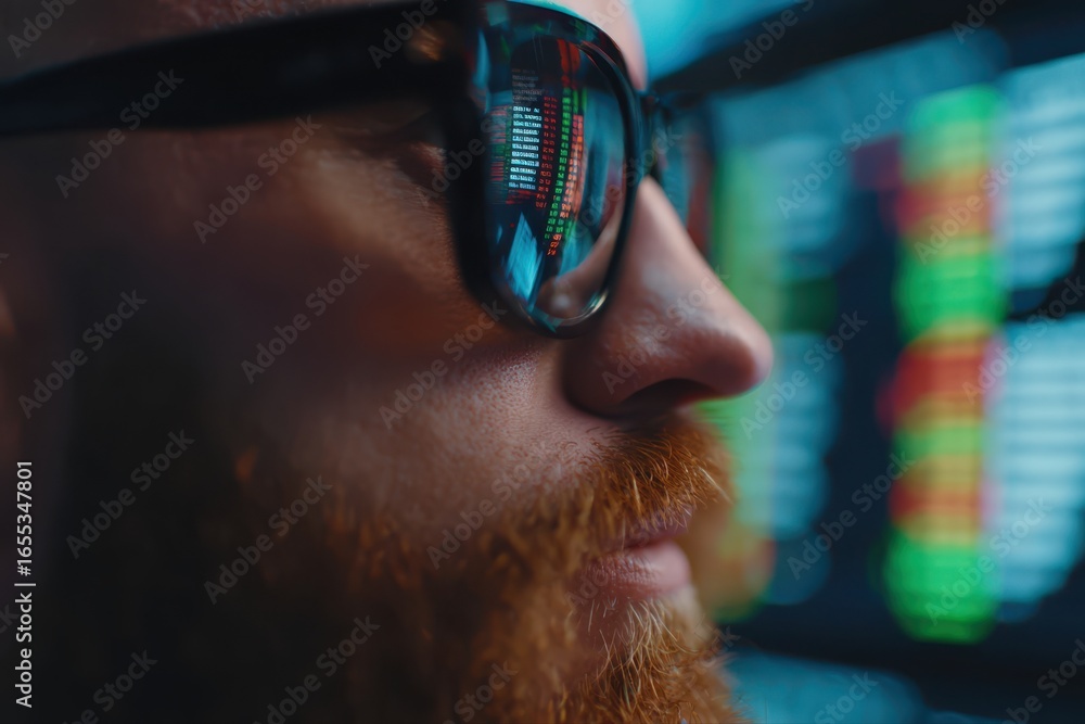 Poster a man with a beard and glasses focused on his computer screen, possibly working as a stockbroker in 