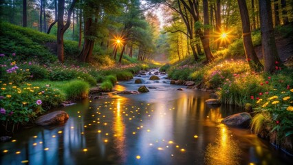 Obraz premium Serene Sunset Stream A Magical Woodland River at Golden Hour with Blossoming Flowers and Glowing Lights Reflecting on the Water's Surface