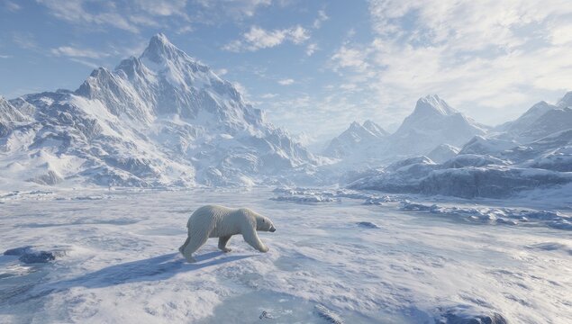A lone polar bear walks across a vast, snow-covered arctic plain, majestic snow-capped mountains forming a dramatic backdrop under a bright, clear sky