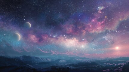 Fototapeta premium Celestial Vista: A breathtaking illustration captures the mesmerizing beauty of the cosmos, showcasing vibrant nebulae, twinkling stars, and the tranquil glow of distant planets.