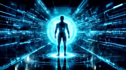 Futuristic digital 3D hologram. A highresolution digital artwork depicting a futuristic, digital environment with a central figure standing in the center.