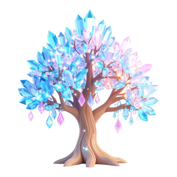 A vibrant, fantastical crystal tree with glowing, multifaceted gems, isolated on a transparent background.