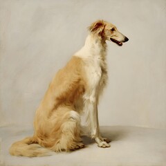 Fototapeta premium Elegant golden and white Borzoi dog sitting in profile in a classical oil painting.