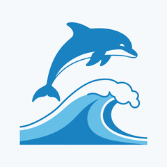 Obraz premium Blue dolphin jumping above a wave illustration on a white background.