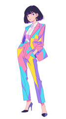 清潔感のあるスーツを着用し、ビジネスシーンで活躍する女性を描いたアニメイラスト。キャリアウーマン、ビジネスウーマン、企業イメージ、働く女性、社会人、仕事、就職活動、広告や資料に幅広く使える抽象的で汎用性の高い背景素材。
