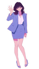 Fototapeta premium 清潔感のあるスーツを着用し、ビジネスシーンで活躍する女性を描いたアニメイラスト。キャリアウーマン、ビジネスウーマン、企業イメージ、働く女性、社会人、仕事、就職活動、広告や資料に幅広く使える抽象的で汎用性の高い背景素材。
