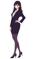 Fototapeta premium スタイリッシュなスーツを身にまとい、知的で洗練された雰囲気を漂わせる女性を描いたイラスト。オフィスワーク、会議、仕事、キャリア、就職活動、ビジネスシーン、広告や資料に最適な抽象的表現のアニメ風イメージ素材。