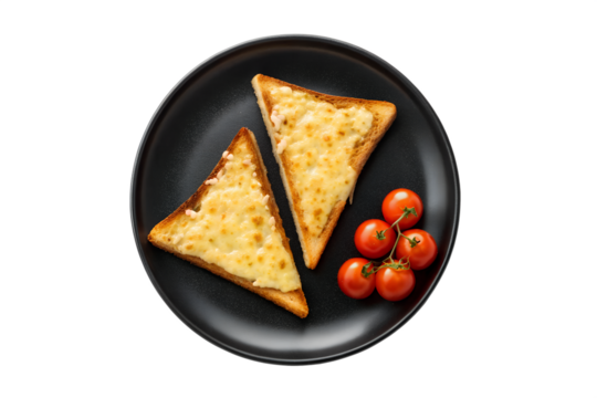 Savory grilled cheese toast cut into triangles, served with fresh vine tomatoes on a stylish black plate, isolated on white