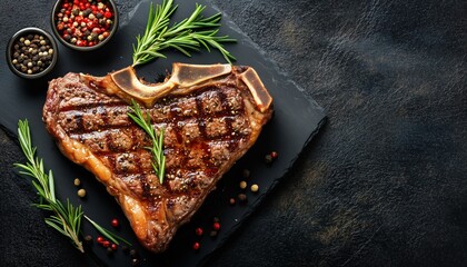 Savory Aged T-Bone Steak With Rosemary And Spices, Juicy And Delicious Steak, Top View In A Rustic Setting. Classic And Mouthwatering.