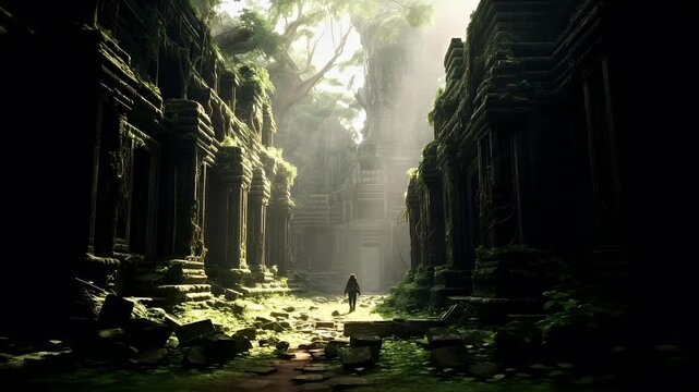 Apsara temple ruins in the jungle, with a solitary figure standing amidst the ruins. The temples architecture is intricate, with stone carvings and intricate designs.