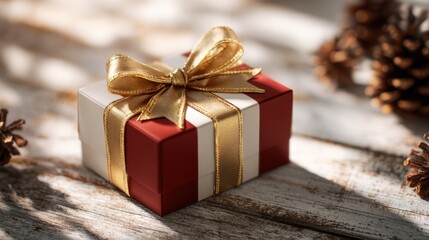 Wrapped Gift Box and pine cones: A vibrant gift box adorned with a golden ribbon, evokes the spirit of sharing and appreciation, accompanied by the presence of pine cones in natural light.