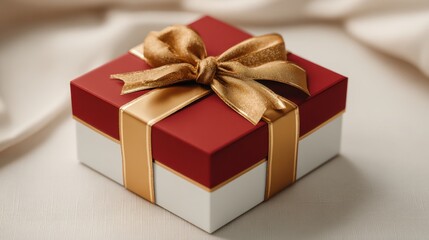 Fototapeta premium Gift's Elegant Presentation: A meticulously crafted red and gold gift box, adorned with a lustrous gold ribbon, resting on a delicate fabric surface, evokes a sense of anticipation and celebration. 