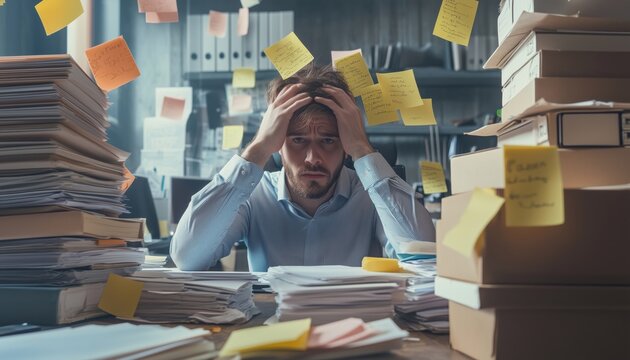 A person sitting at a kitchen table looking overwhelmed, surrounded by medical pamphlets, a glucose monitor, and a notebook, 