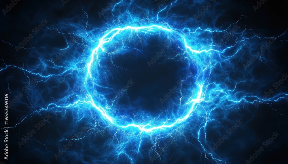 Poster dark circle lightning: a stunning display of blue electric lightning flashing across the darkened sk