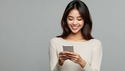 Fototapeta premium Confident Asian Woman Receiving Good News On Smartphone Chat App In Gray Background. Beautiful Studio Portrait Of Girl.