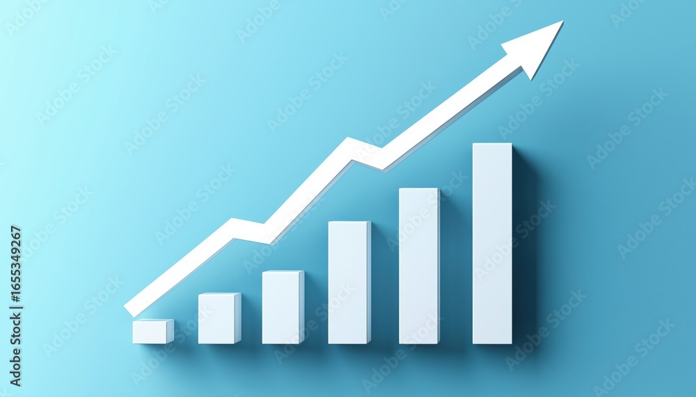 Aufkleber white graph bar with long shadow on blue background depicting a growing bar graph with rising arrow 
