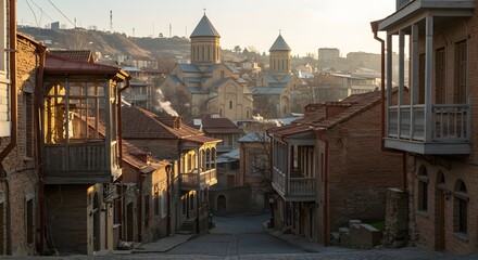 Fototapeta premium Urban Vista: A picturesque cityscape, displaying architectural elegance with a charming street, terracotta rooftops, and the backdrop of the setting sun
