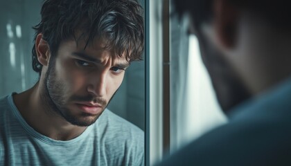 Sad Male Contemplating Life In Bathroom Mirror, Reflecting On Unhappiness And Illness.