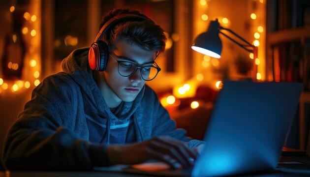 Teenage Millennial Multitasks Homework, Music Listening, And Work On Laptop At Home During Evening Classes And Remote Work On Pc.