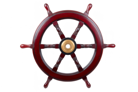 Wooden ship wheel nautical steering wheel isolated on transparency background classic maritime decor vintage style polished wood brass center navigation tool symbol of adventure and travel