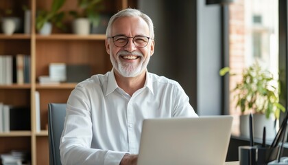 Cheerful Senior Caucasian Businessman Learning From Webinar Podcast On Laptop At Work Desk, Making Notes And Participating In Education Course Conference Call.
