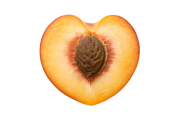 Delicious fresh peach fruit cut in half, revealing its textured pit, carefully arranged to form a symbolic heart shape on a clean white background, emphasizing healthy eating and natural beauty.