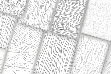 A set of hand-drawn textures featuring light gray line patterns on a white background, flat vector design.