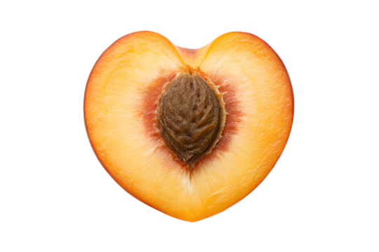 Delicious fresh peach fruit cut in half, revealing its textured pit, carefully arranged to form a symbolic heart shape on a clean white background, emphasizing healthy eating and natural beauty.