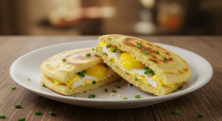 Delicious Egg Sandwich: A macro shot showcases a pair of scrumptious egg sandwiches, expertly crafted on a plate, evoking feelings of warmth and the simplicity of a delicious meal.