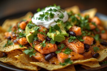 salmon nachos topped with cheese, cilantro, avocado, and black beans.