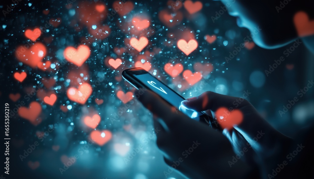Aufkleber caucasian using smartphone surrounded by multiple floating hearts with increasing numbers in a tech-
