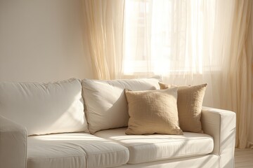 Sunlit off-white sofa with beige pillows rests near sheer curtains and a bright window, casting soft shadows on its fabric