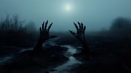 Halloween holiday decoration theme. A dark, atmospheric, and eerie scene featuring a pair of zombie hands reaching out from a misty, foggy landscape. The hands are dark, with a grimy texture.