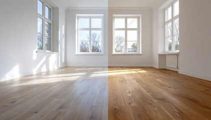 Obraz premium Before & after of a room's hardwood floor installation, showcasing a transformation from bare to rich, stained wood. Sunlight streams through large windows, illuminating the empty space