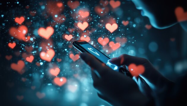 Caucasian Using Smartphone Surrounded By Multiple Floating Hearts With Increasing Numbers In A Tech-Savvy Social Media Networking Scene.