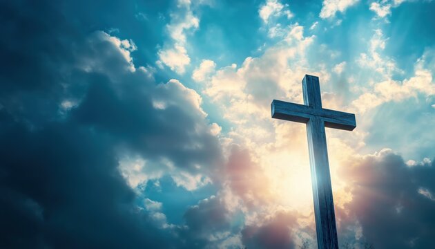 Ascension Day: Cross Against Sky With Copy Space - A Digital Composite Celebrating Christian Tradition And Spirituality. Ideal For Holidays.