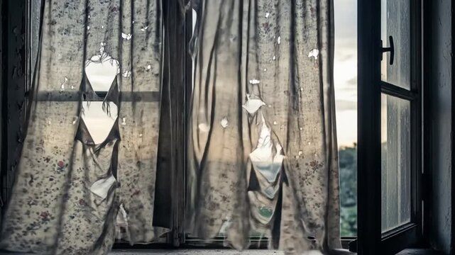 Abandoned Window with Tattered Curtains